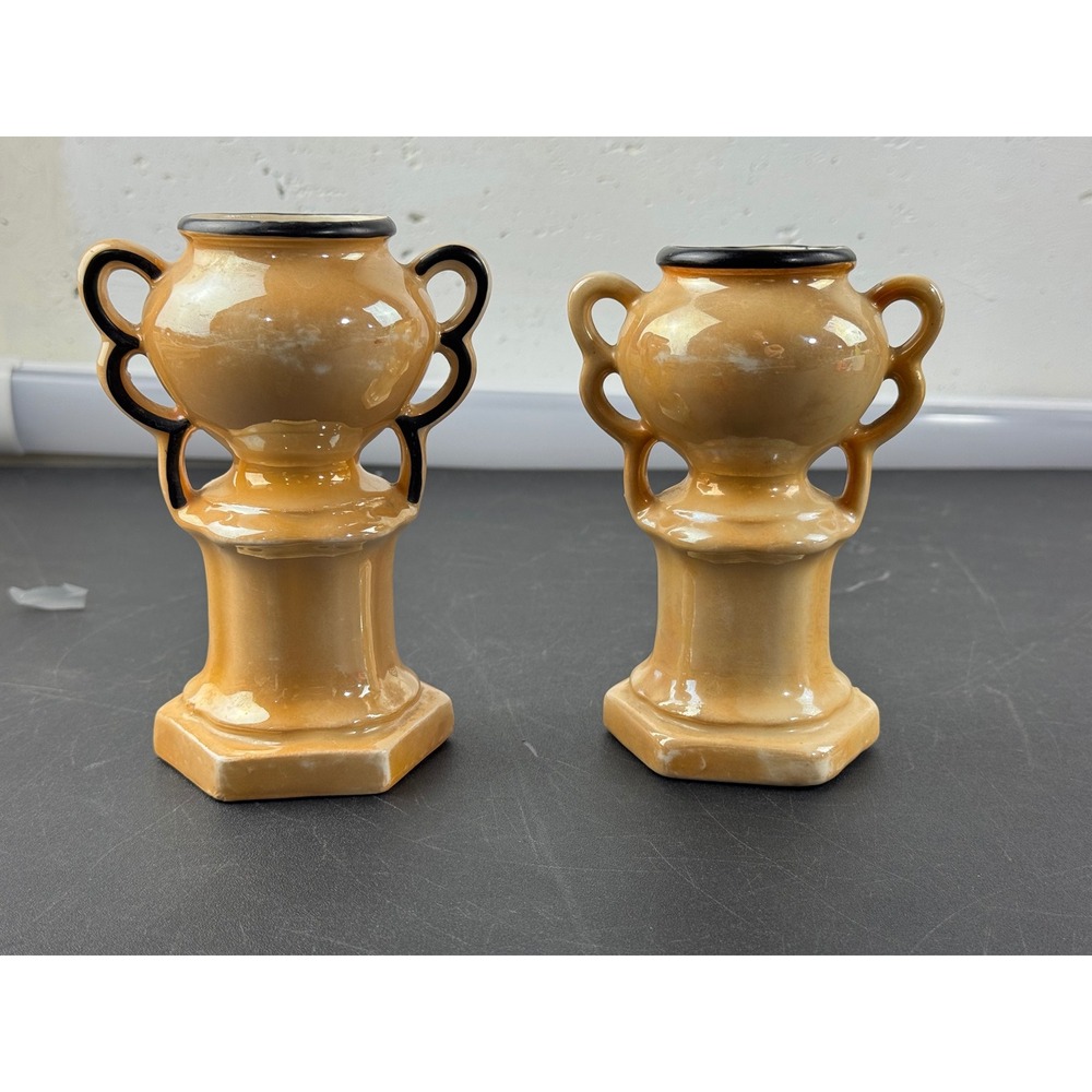 Vintage Czech Lusterware Miniature Trophy Vases Peach Iridescent Art Deco
